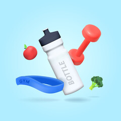 Sports 3d elements, a bottle of water, a kettlebell, an elastic band for sports.