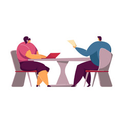 Job interview meeting. Employee candidate with CV and HR manager talking in office. Vector illustration for hiring, corporate conversation, career concept