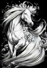 Stunning art of the gorgeous horse with flowing mane and flowers. Generated by Ai, is not based on any original image, character or person