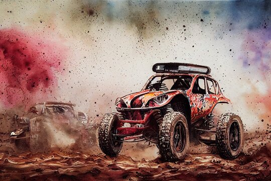 Retro style buggy racing, spattered, smudged, grunge style illustration. Generated by Ai, is not based on any specific real image or character