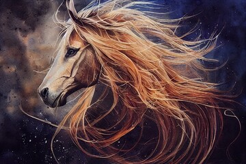 Obraz na płótnie Canvas Stunning portrait of the gorgeous horse with flowing mane. Generated by Ai, is not based on any original image, character or person