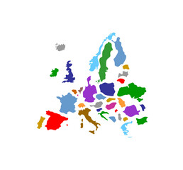 Europe continent countries, states and nations separated and ungrouped with different colours. Puzzle. Vector illustration isolated on white background.