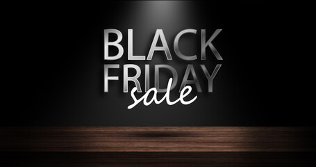Black Friday background on a wooden brown stage with lens flair