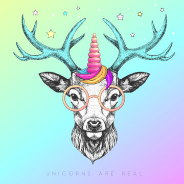 Handrawing animal deer wearing cute glasses with unicorn horn. T-shirt graphic print. Vector illustration