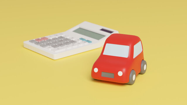 平面上に置いてある粘土でできたミニチュアの自動車と電卓のCGによるフォトリアルな3Dイラストレーション
