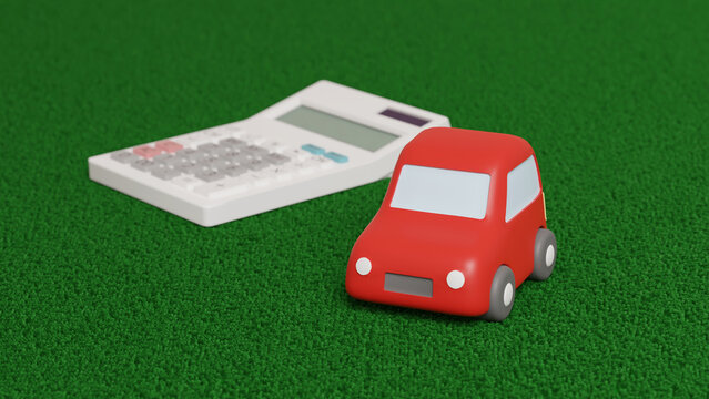 平面上に置いてある粘土でできたミニチュアの自動車と電卓のCGによるフォトリアルな3Dイラストレーション