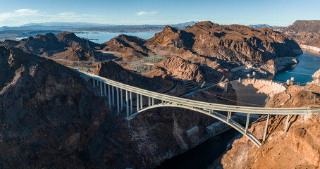 Aerial view of the Hoover Dam in United States. Hydroelectric power station on the border of...