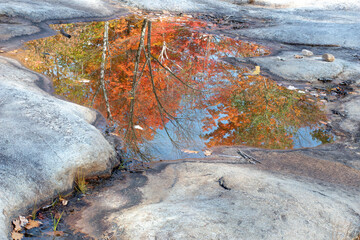 Reflection of blue sky and trees with colorful fall foliage in small pool of water collected along rocky riverbed of Pemigewasset River in White Mountains of New Hampshire.