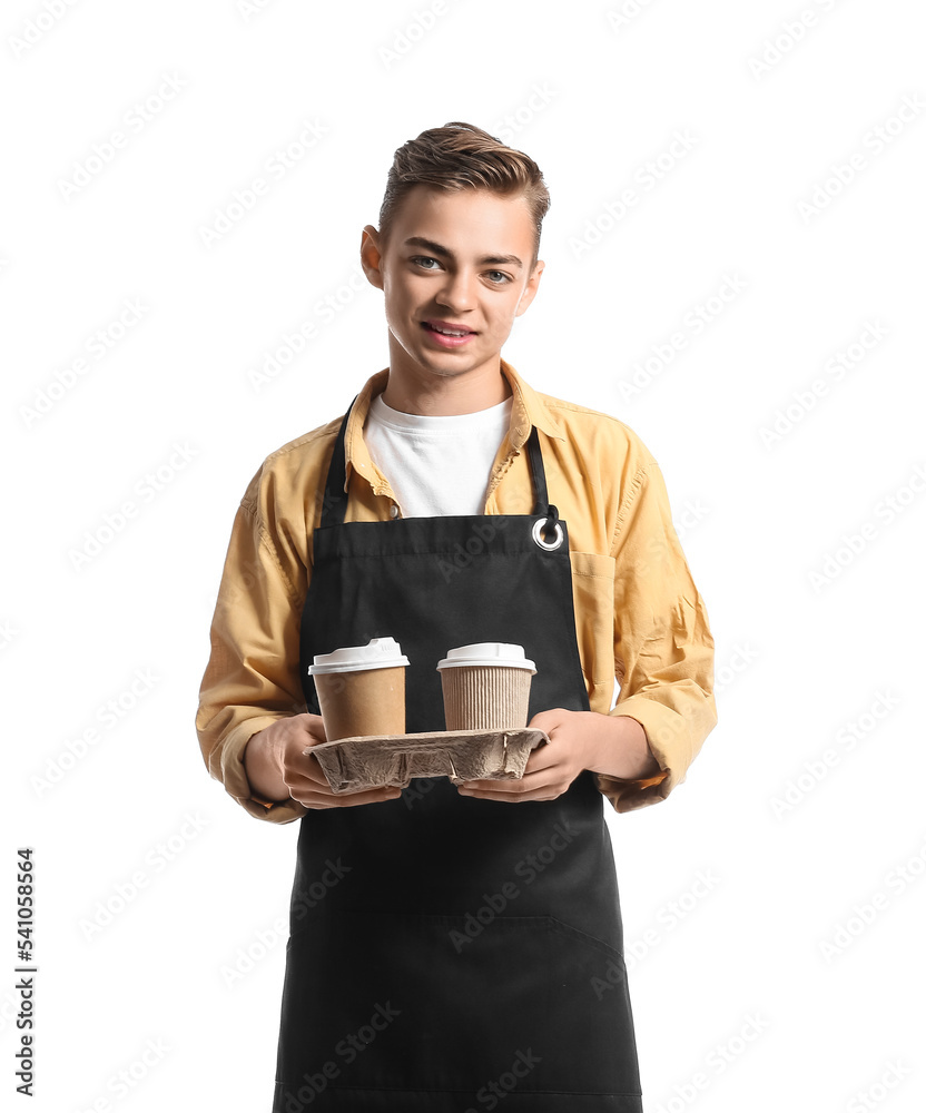 Wall mural Handsome barista with cups of coffee on white background