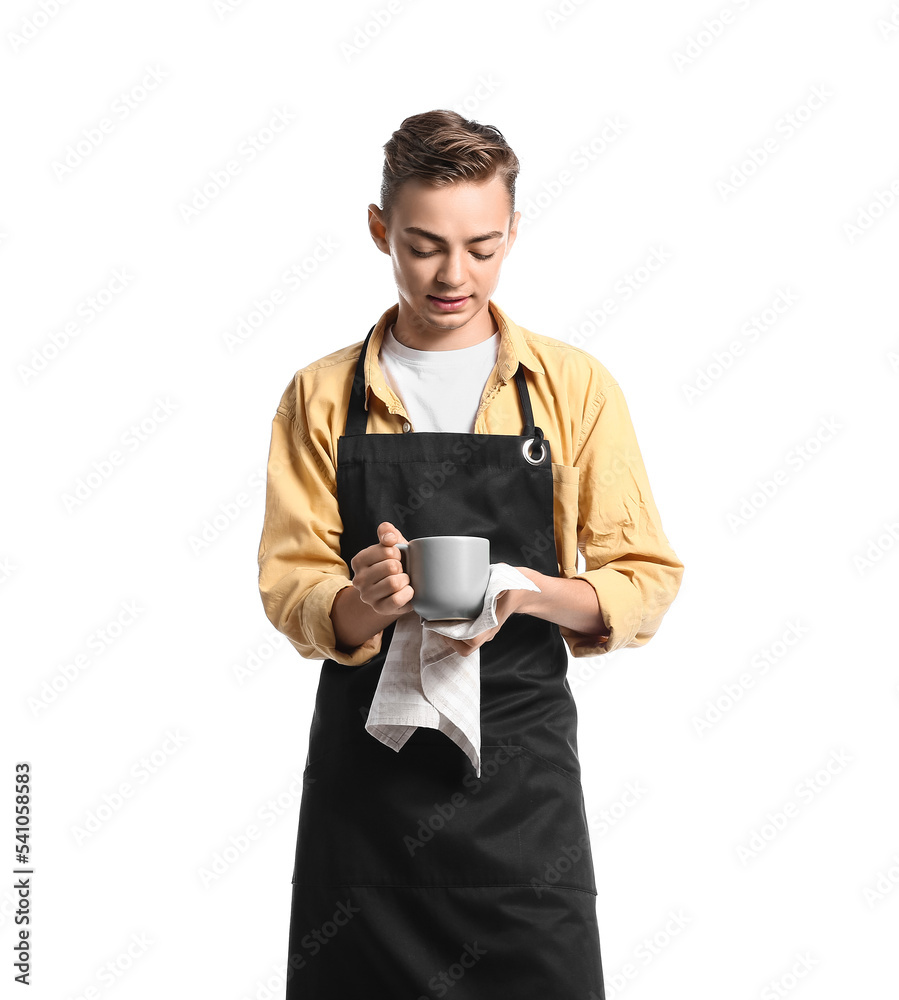 Sticker Handsome barista with cup of coffee and napkin on white background