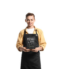 Handsome barista holding chalkboard with menu on white background