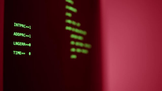 Retro pc with loading code console, programmer making scripts, green basic screen, Old computer studio close-up, Desktop vintage retro wave display, late 90s PC.
