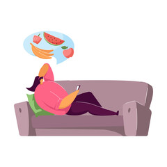 Girl lying on sofa and ordering food through mobile app. Bubble with milk, bananas, apple, watermelon, bread, oil and pepper flat vector illustration. Delivery, online, order store concept