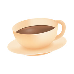 Cup of tea or coffee on saucer 3D icon. Three-dimensional teacup with brown liquid vector illustration on white background. Breakfast, coffee shop, beverage concept