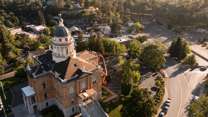 Sunlight shines on the historic 1898 Courthouse in downtown Auburn, California, USA.