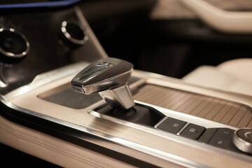 Fototapeta na wymiar Interior Design New Auto Gear car transmission shiftier.