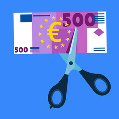 Cutting scissors to cut euro banknotes. Divide money, share profits. Cost reduction or cut price. Flat vector illustration.