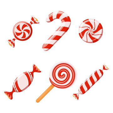 Red striped sweetmeats set. Hard candy, candy cane, lollipop, candies in wrapper. Design element for Christmas, New Year, birthday, party. Vector illustration isolated on white background