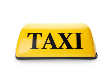 Yellow taxi roof sign isolated on white background