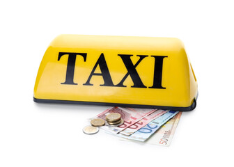 Yellow taxi roof sign, Euro banknotes and coins isolated on white background