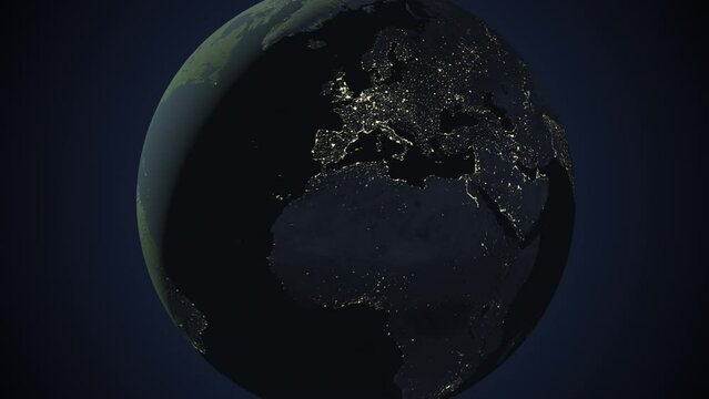 Seamless looping animation of the earth at night zooming in to the 3d map of Romania with the capital and the biggest cites in 4K resolution
