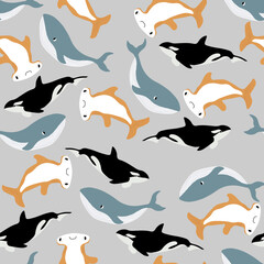 Vector seamless pattern with whale, killer whale, hammerhead fish.Underwater cartoon creatures.Marine background.Cute ocean pattern for fabric, childrens clothing,textiles,wrapping paper © Оксана Омельченко