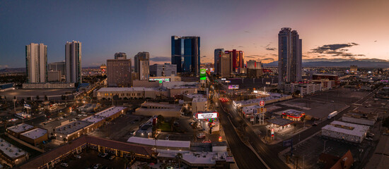 Panoramic aerial view of the Las Vegas Strip. Stretch of South Las Vegas Boulevard in Nevada that...