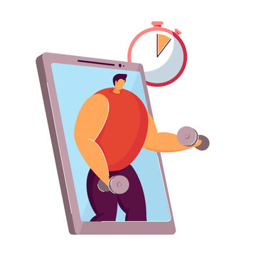 Tiny man exercising on treadmill. Phone with fitness app, female character training, heart pulse, virtual coach flat vector illustration