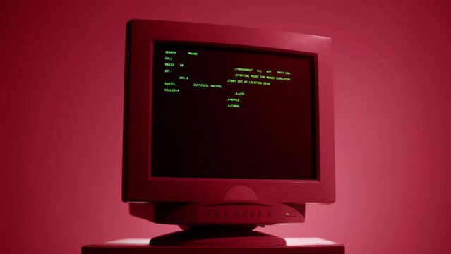 Retro pc with loading code console, programmer making scripts, green basic screen, Old computer studio close-up, Desktop vintage retro wave display, late 90s PC.