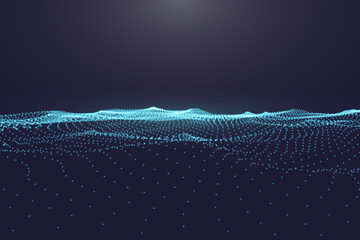 Abstract digital ocean with flowing particles and upper light. Cyber or technology background.Vector illustration.
