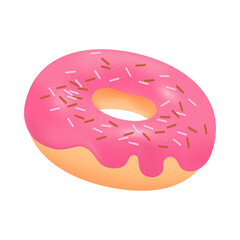 Doughnut with pink frosting and sprinkles 3D icon. Sweet three-dimensional donut, delicious snack vector illustration on white background. Desserts, food, bakery, pastry concept