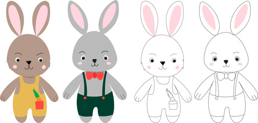 rabbits cartoon set sketch ,outline isolated vector