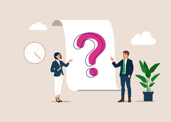 Frequently Asked Questions. Technical support workers. Business team stand near a large question mark. FAQ. Flat vector illustration. 