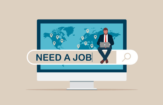 Young businessman looking for a for job. Need a job on the search bar online. Flat vector illustration. 