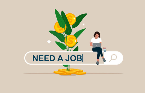 Young business woman looking for a for job. Need a job on the search bar online. Flat vector illustration. 