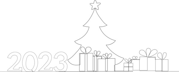2023 and Christmas tree drawing in one continuous line