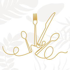 spoon, fork, knife one continuous line drawing, vector