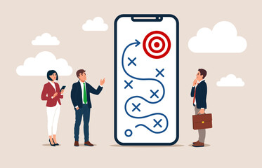 Business people working with digital online plan on smartphone. Digital strategy, online marketing, technology for business development. Flat vector illustration.