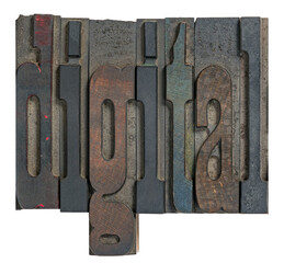 Isolated word digital spelled out in vintage antique wood letterpress type blocks