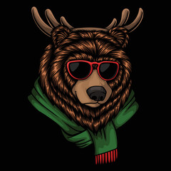 Bear head wearing deer antlers christmas vector illustration 