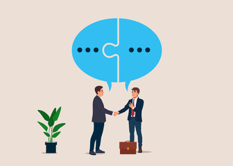 Obraz premium Businessmen handshake with connect speech bubble jigsaw. Success communicate, achieve business agreement, partnership deal. Flat vector illustration.