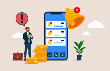 Businessman get chat messages notification in smartphone app. Ring bell as reminder pop up. Flat Vector illustration. - obrazy, fototapety, plakaty