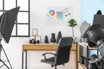 Photographer's workplace with equipment and blank frames in studio