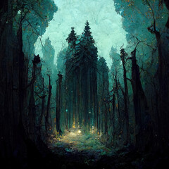 Mysterious fairy tale forest with large holy tree in the middle, light shining in front thick fog clouds in the sky, early morning or night digital painting figure in front