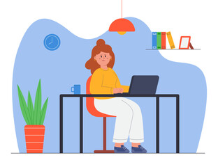 Cheerful freelancer working at table flat vector illustration. Woman sitting at desk and looking at laptop screen, working remotely from apartment. Job, home office concept