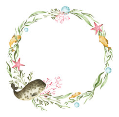 Watercolor wreath with narwhal, seaweeds, starfish, fish, bubbles and phyllophora. Retro underwater frame for creative design © Liubov