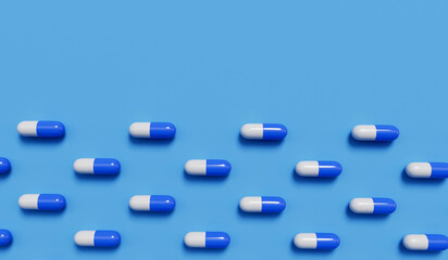 medical pill capsules on a blue background. Healthcare concept. 3D Rendering