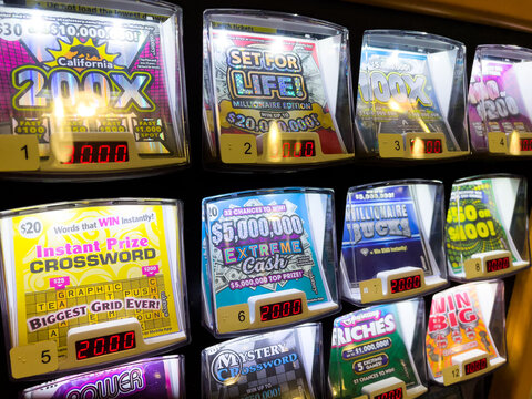 Sacramento, CA, USA October 24th 2022 Close up of a Lottery tickets dispenser inside a local supermarket