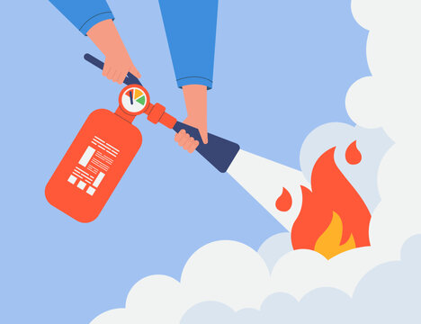 Fireman holding fire extinguisher flat vector illustration. Man or firefighter providing safety, preventing fire, putting out flame. Caution, emergency, safety training concept