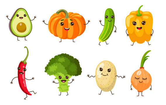 Vegetable characters with kawaii faces cartoon illustration set. Funny pumpkin, onion, potato, pepper, cucumber, broccoli and avocado with cute eyes waving. Healthy food, garden, veggie concept